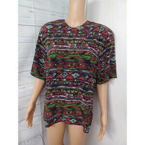 August Silk Top Women M Black Yellow Pink Round Neck Cap Sleeve